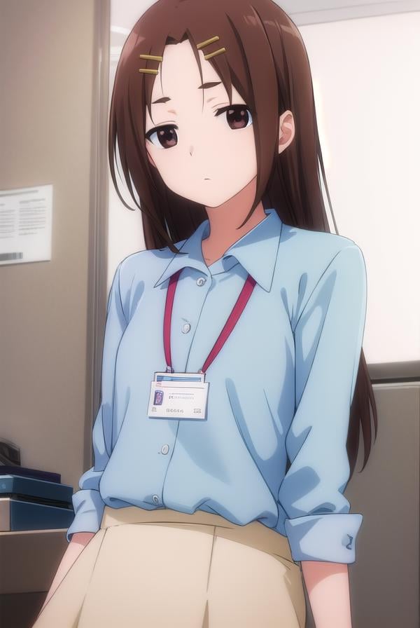 megumichihaya, <lora:megumi chihaya s1-lora-nochekaiser:1>,megumi chihaya, long hair, brown hair, hair ornament, (brown eyes:1.5), hairclip,BREAK skirt, shirt, white shirt, blue skirt, office lady, id card, lanyard,BREAK indoors, office,BREAK looking at viewer, (cowboy shot:1.5),BREAK <lyco:GoodHands-beta2:1>, (masterpiece:1.2), best quality, high resolution, unity 8k wallpaper, (illustration:0.8), (beautiful detailed eyes:1.6), extremely detailed face, perfect lighting, extremely detailed CG, (perfect hands, perfect anatomy),