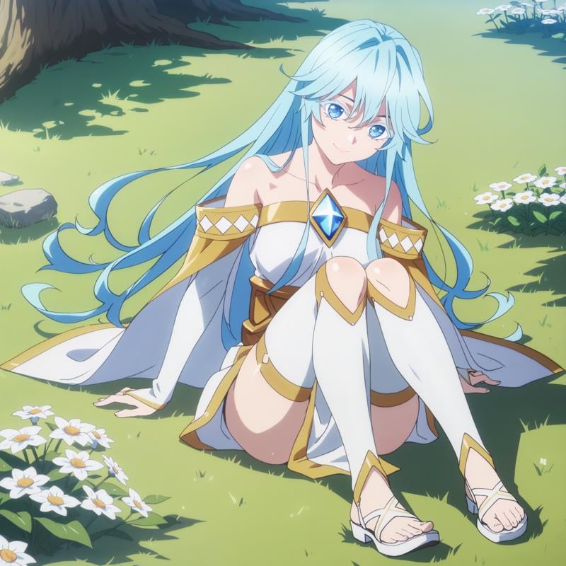 score_9, score_8_up, score_7_up, score_6_up, score_5_up, score_4_up, anime screencapBREAKelfaria_olis, 1girl, solo, light blue hair, long hair, colored eyelashes, blue eyes, chest jewel, off-shoulder dress, yellow sash, side cape, bridal gauntlets, pelvic curtain, white thighhighs, white footwear, looking at viewer, smile, closed mouth, knees upBREAKwind, wind lift, grass<lora:elfaria_Wistoria_ponyxl_v1_char:1> <lora:elfaria_Wistoria_ponyxl_v1_style:1>