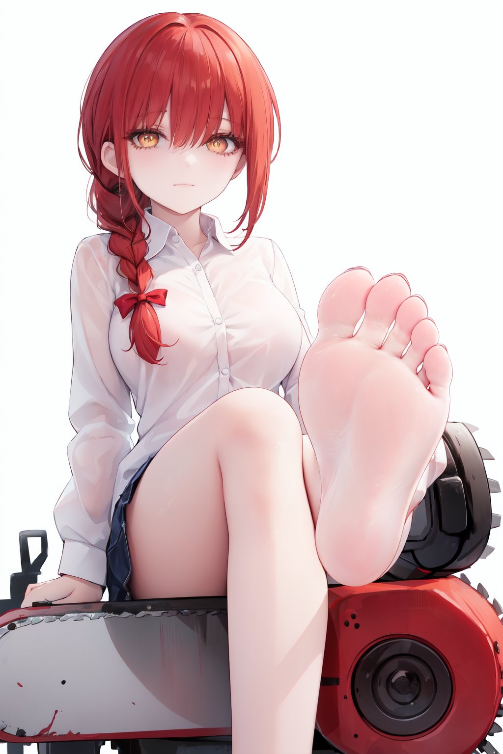 1girl,makima (chainsaw man),feet,solo,barefoot,soles,shirt,toes,red hair,sitting,foot focus,looking at viewer,crossed legs,white shirt,yellow eyes,braid,breasts,bare legs,legs,foreshortening,ringed eyes,braided ponytail,bangs,collared shirt,white background,long sleeves,sidelocks,simple background,long hair,thighs,medium breasts,closed mouth,