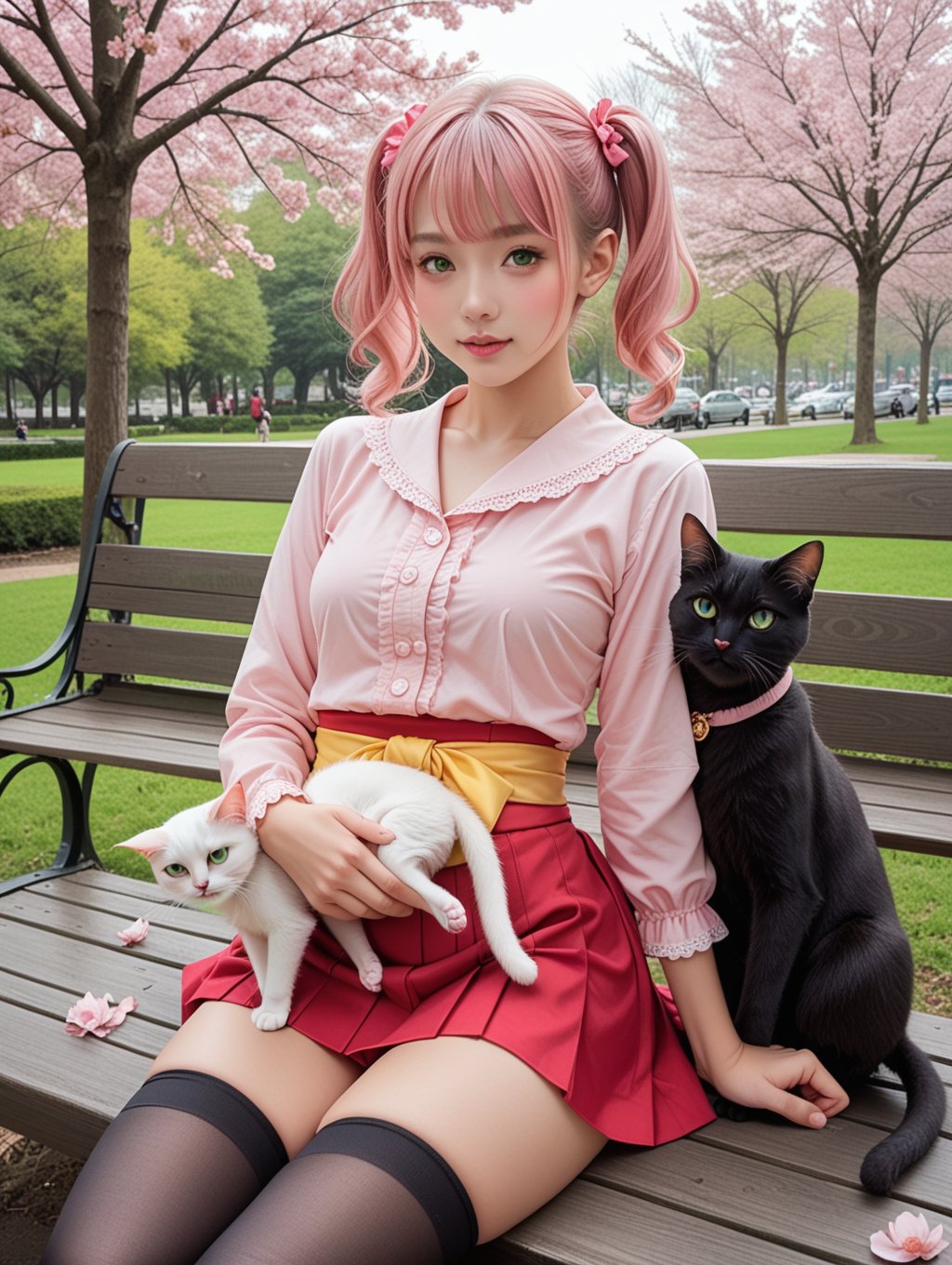 score_9, score_8_up, score_7_up, 1girl, Kaoru, short hair, pink hair, twin pigtail, green eyes, pink blouse, neckline, red skirt, mini skirt, sash, yellow sash, thigh highs, black thigh highs, park, cherry blossom, cat, cat on lap, patting cat, big cat,