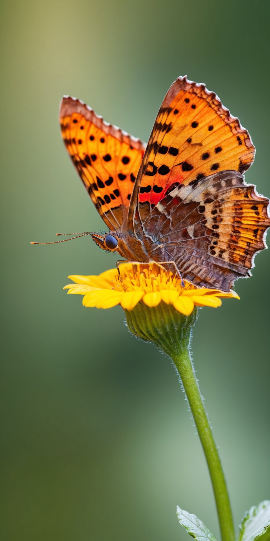 Polygonia C-Album Butterfly, perched on a vibrant flower, detailed, macro photography, natural lighting, Canon DSLR, high resolution, clear focus, vivid colors, minimalist background, soft bokeh, nature photography, 8K UHD,<lora:HMSG微距蝴蝶XL-000010:1>,