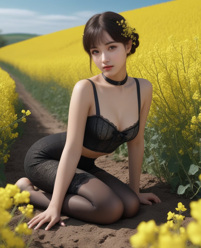 (,1girl, ,best quality, )masterpiece, fantasy, realistic,science fiction,mole, ultra realistic 8k cg, ,tamari \(flawless\),    , rapeseed blossoms,  (()), (()),,lace ,ribbon, pantyhose,