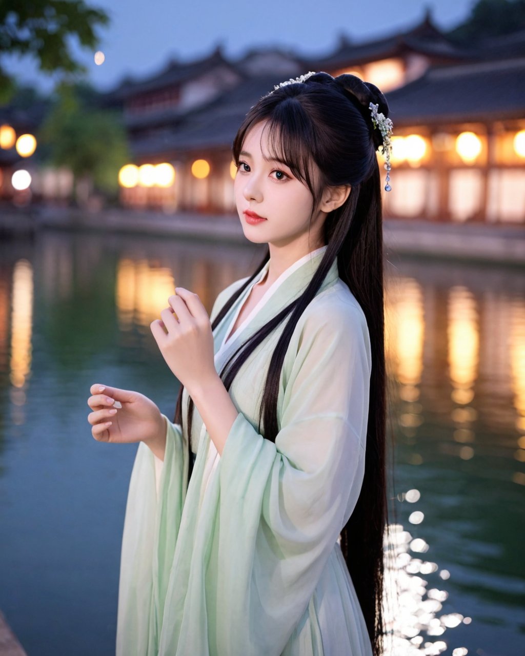 1girl,solo,long hair,black hair,dress,hair bun,blurry,black eyes,chinese clothes,looking up,light green hanfu,night,jiangnan water town.,good hands,anatomical hands,perfect hands,