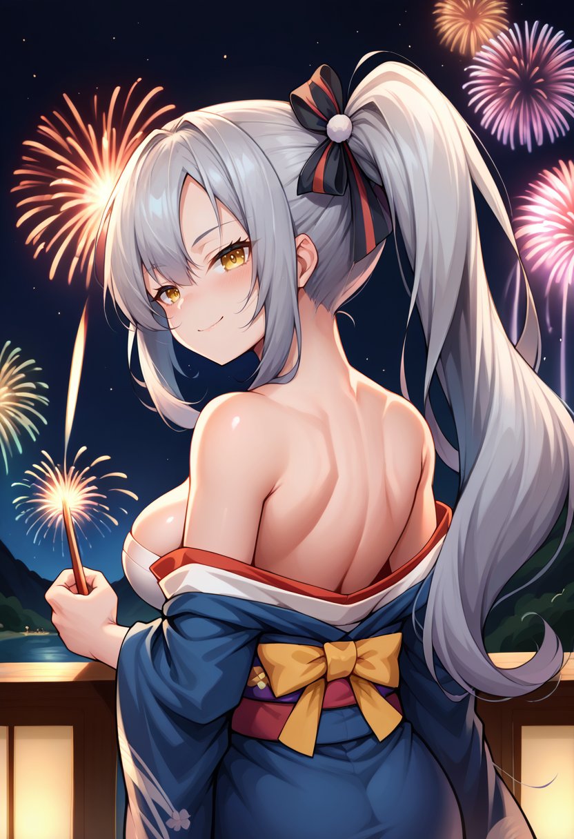 score_9,score_8_up,score_7_up BREAK 1girl,jelodkdef,solo,night,from behind,fireworks,grey hair,side ponytail,hair ribbon,yellow eyes,kimono,off shoulder,looking back,seductive smile,<lora:Drake-JeloXL-000008:1>,