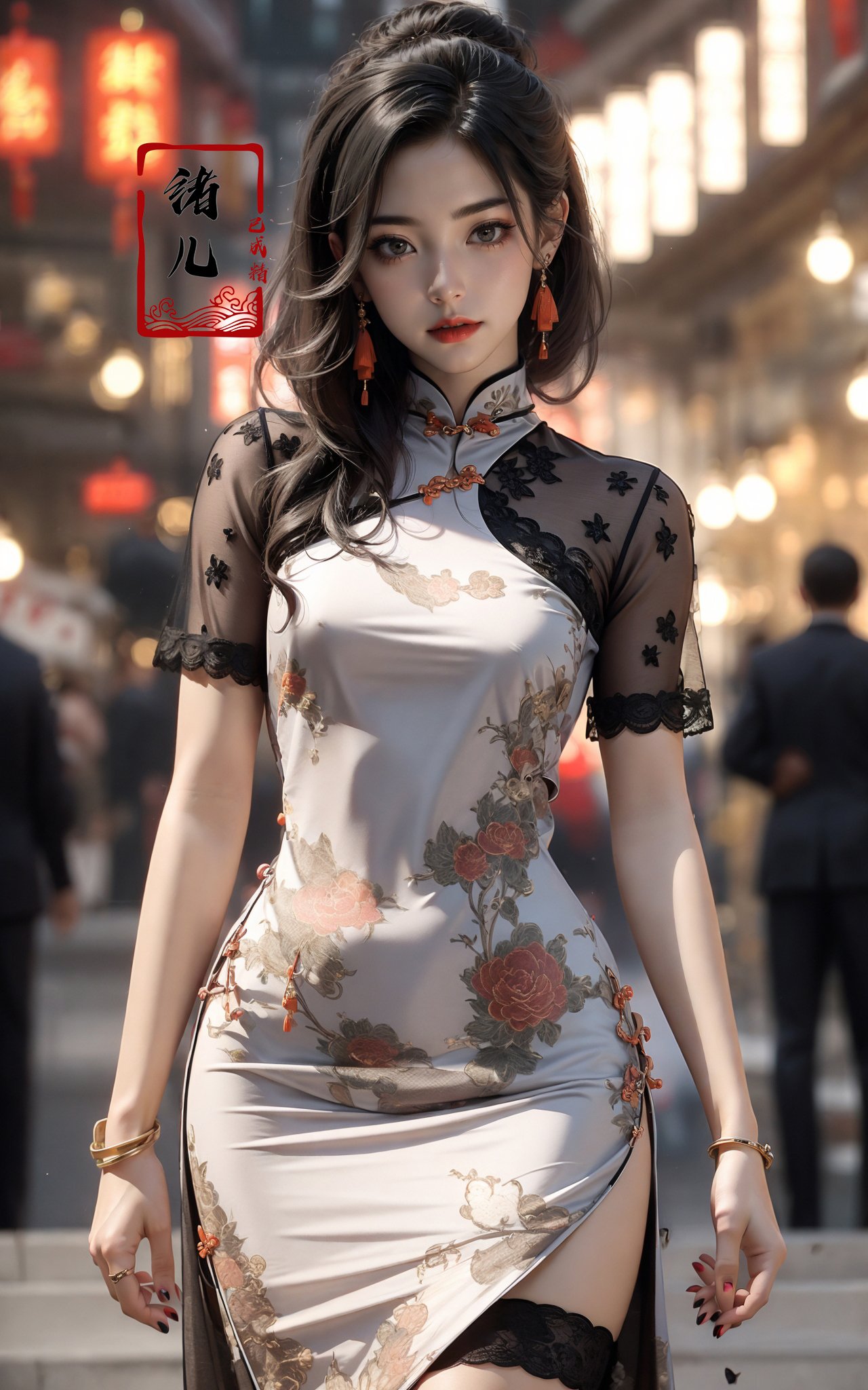 Black background,Fashion cheongsam，nail polish，lace trim，gradient，contrapposto，orange long dress，lace，red lips， (full body:0.7), fishnets，<lora:Fashion cheongsam_20231207093219:0.7>