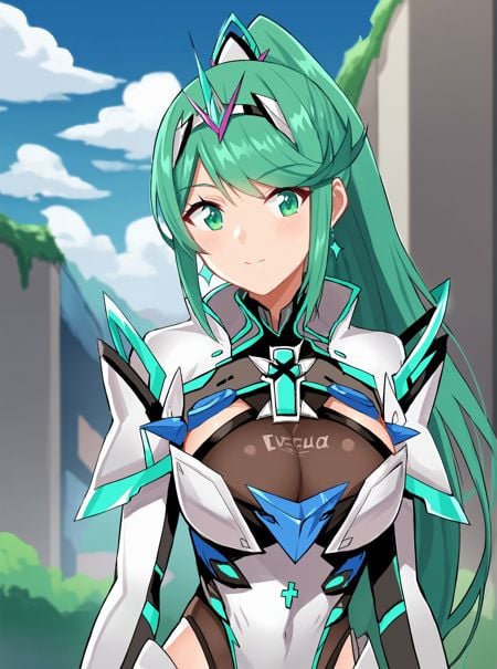 xenoblade chronicles 2, pneuma \(xenoblade\),, shiny skin, score_9, score_8_up, score_7_up, score_6_up, score_5_up, score_4_up, BREAK masterpiece ,1girl,solo,<lora:PneumaBlade-05:0.8>pneumablade, long hair, green hair, bangs, swept bangs, tiara, jewelry, ponytail, breasts, earrings,,hair ornament,gem,large breasts, chest jewel, armor,bodysuit,anime screencap, anime coloring, green eyes, outdoors,