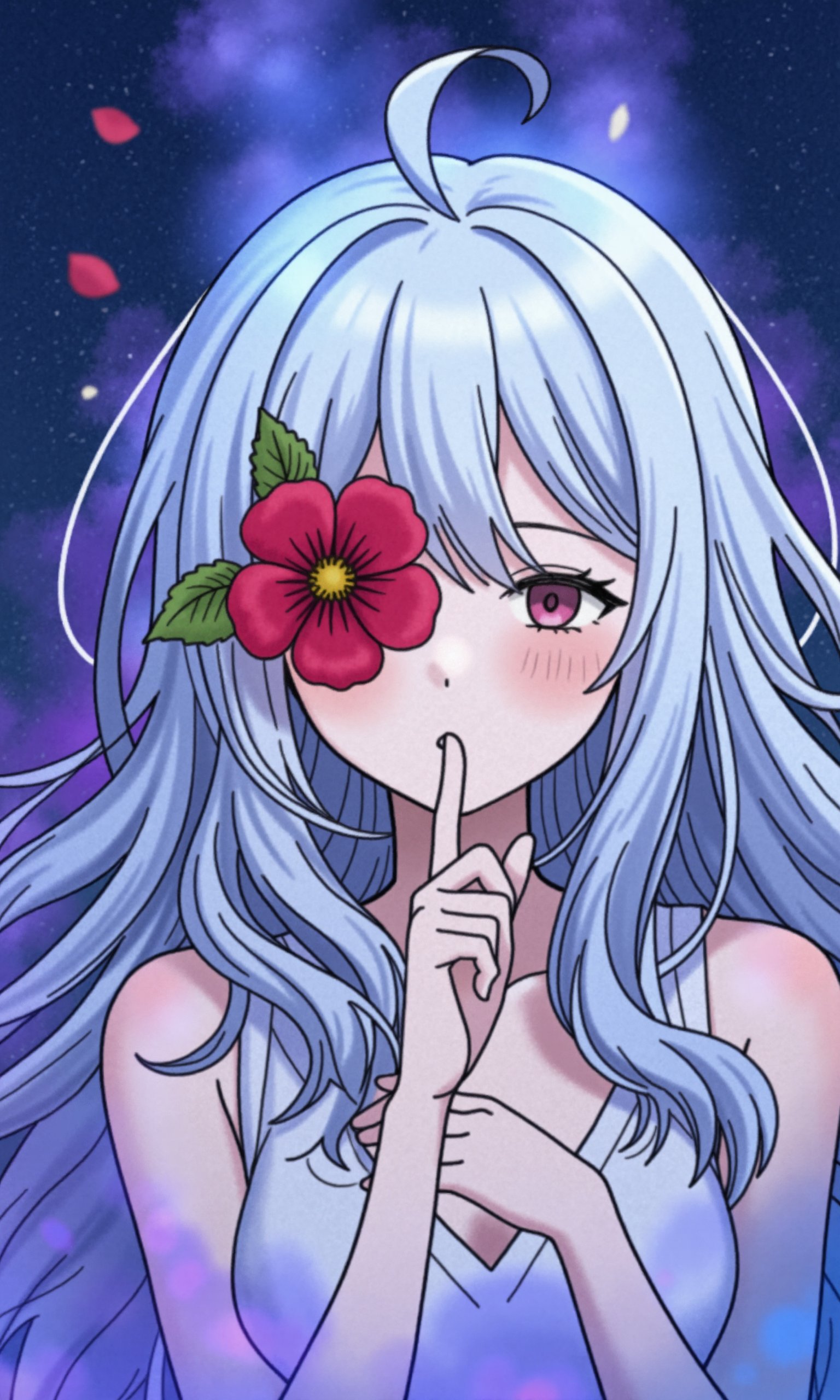 A dynamic and emotional anime portrait of a woman with flowing white hair. Ethereal blue and purple mist surrounds her, creating a surreal effect. A blooming red flower covers one eye, adding a touch of mystery. The background is a dark blue, filled with falling petals. The woman holds a finger to her lips in a shushing motion.