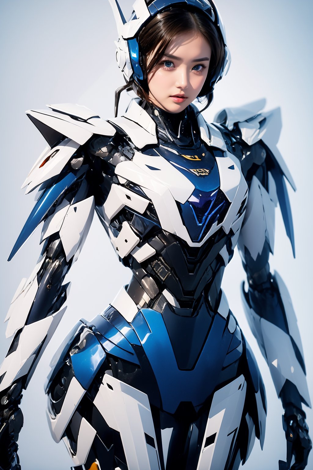 AgainCyberpunk, 1girl, solo, science fiction, helmet, breasts, looking at viewer, armor, lips, power armor, medium breasts, white background, android, short hair, robot joints, standing, simple background, cowboy shot, joints, brown hair, arms at sides, signature, realistic, blue eyes, brown eyes, robot