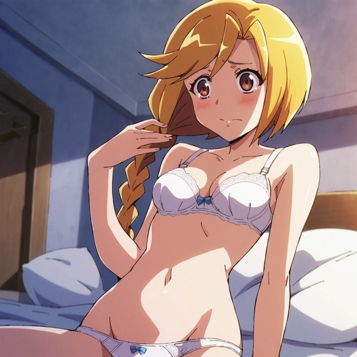 score_9, score_8_up,  score_7_up, source_anime, best quality, masterpiece, 1girl, enri emmot, overlord, brown eyes, blonde hair, facing viewer,  shy, embarrassed, (narrow waist,skinny:1.3), bedroom <lora:enri-overlord-ponyXL-v0.5:1>, rating_explicit, breasts, nude, naked, bra, panties, white bra, white panties, cute panties, beautiful lighting, absurdres,  18 years old, young, petite,  side plait,  plaited hair