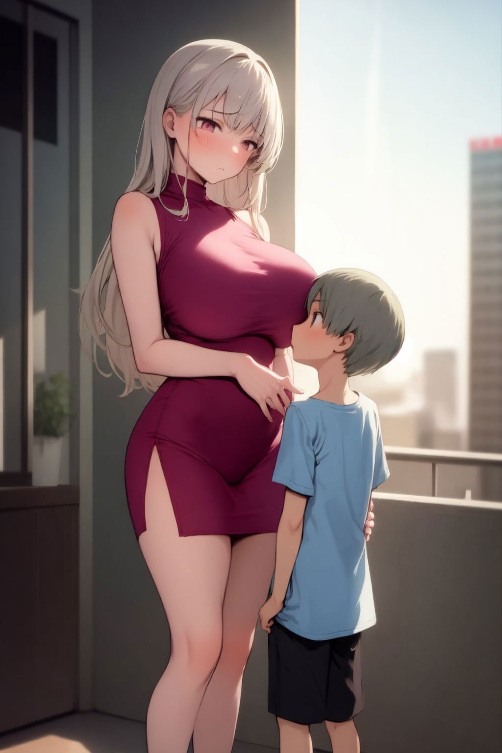 1girl, 1boy, standing, breasts, size difference, mature female, grey hair, oseledets, annoyed, pink clothes, in front of large window, cityscape, skyscraper, glittering light, blurry background <lora:bigsislitbro_cpt_v02.3:1>