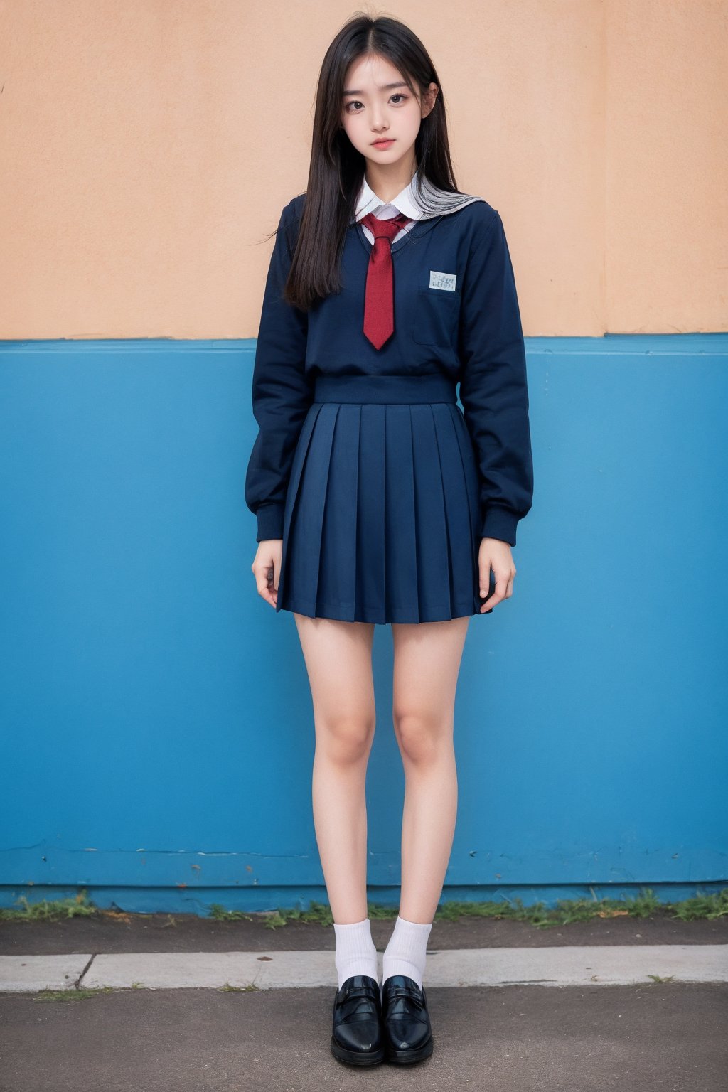 photorealistic,1girl,long hair,school uniform,pleated dress,full body,