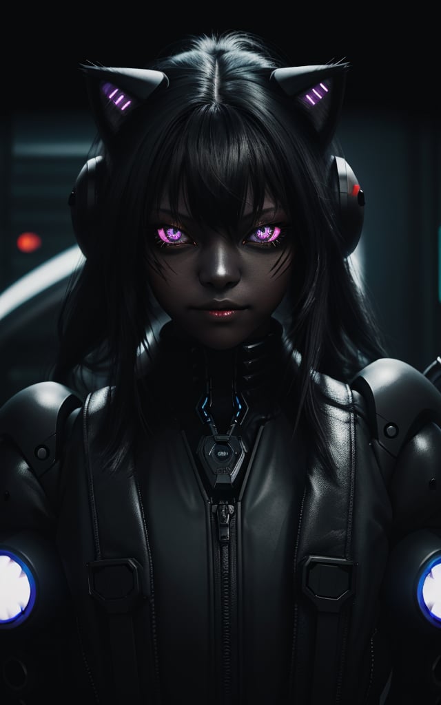 Closeup Photo of A cute black cat cyberware body,cyberpunk,detailed black robotic eyesblack demonic color,POV,detailed fur,