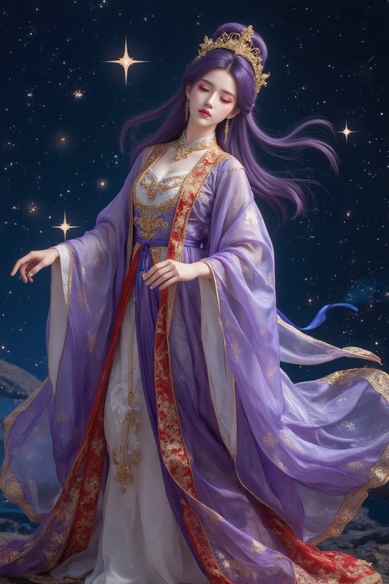 1girl, purple hair, In the center of the painting is a woman dressed in exquisite and gorgeous Tang Dynasty clothing. She is graceful, as if dancing in the air. She wears an exquisite golden crown, her hair is piled high, her sleeves are flowing, and the colors are rich, mainly gold, purple, blue and red. Her expression is serene, her eyes are closed and she is thinking. The background is a dark starry sky, which sets off her holiness and elegance. The overall style of the painting has a strong traditional Chinese artistic style, which combines the delicate brushwork and gorgeous light and shadow of modern illustrations.<lora:天穹长老2.0:0.8>