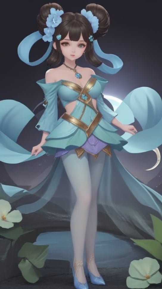 (1girl),smooth chin,masterpiece,detailed face,((hair ornament)),top quality,4k,make up,best quality,medium breasts,(looking at viewer),long legs,double bun,jewelry hair,dress,detached sleeves,ribbon,shawl,light blue skirt,puffy pants,hair rings,hair flower,(wariza),(arms behind back),bangs,jewelry on bangs,<lora:王者 小乔 青蛇SD_v1.0:0.6>,