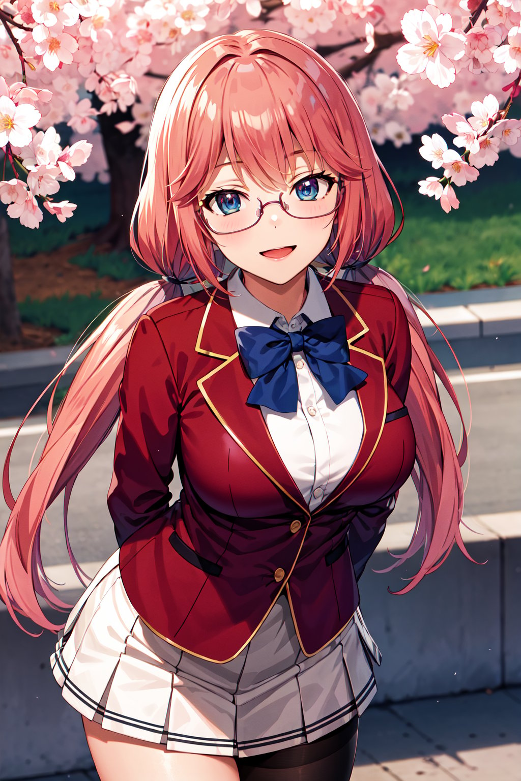 masterpiece, best quality, highres, 1girl, solo, long hair, pink hair, low twintails, blue eyes, glasses, large breasts, school uniform, blue bowtie, blazer, red jacket, long sleeves, white skirt, <lora:sakura_airi_v1:0.7>, standing, cowboy shot, leaning forward, arms behind back, outdoors, cherry blossoms, smile,