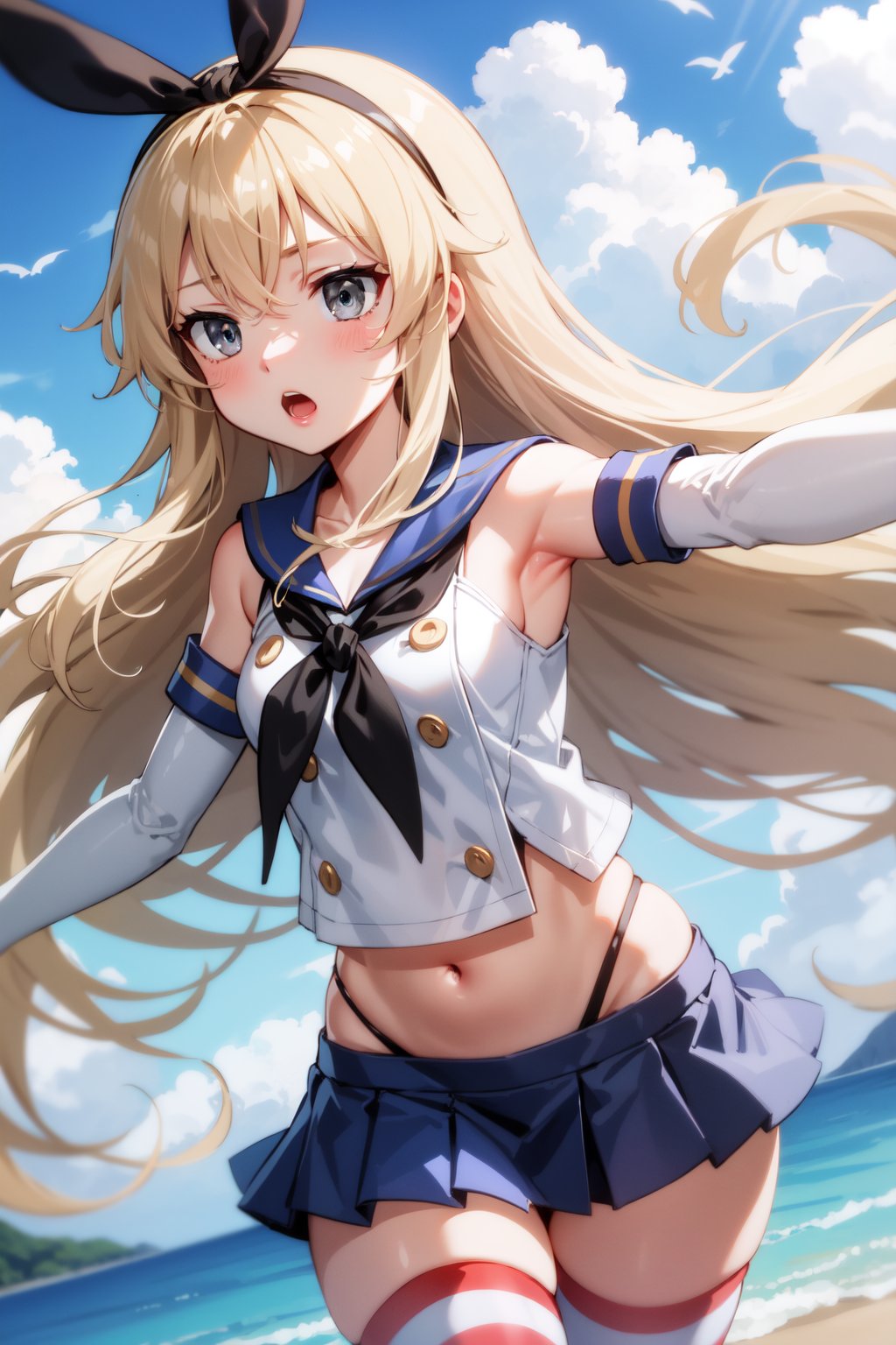 masterpiece, best quality, highres, skancolle, grey eyes, hairband, blonde hair, serafuku, neckerchief, crop top, gloves, elbow gloves, white gloves, navel, blue skirt, thighhighs, striped, striped thighhighs, ocean, clouds, outstretched arms, surprised, wide-eyed, open mouth, looking away, cowboy shot<lora:ShimakazeKancolle-08:0.9>