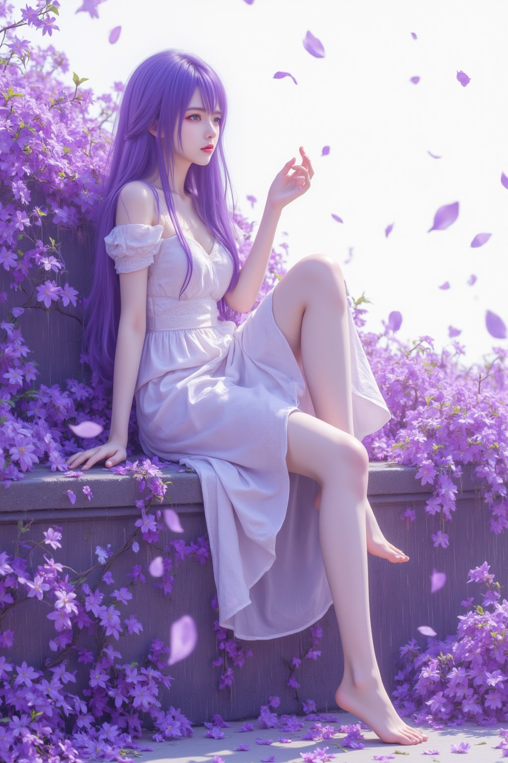 (masterpiece),(best quality),illustration,ultra detailed,hdr,Depth of field,(colorful),white background,Dundar effect,a lot of purple vines,vines covering half of the painting,delicate plant details,1 girl,girl,long purple hair,golden pupils,white dress,bare feet,side,side,upper body,head up,sad eyes,rain,light,figure light,petals,purple filter,left,fog,dream,unreal,Blur,float light,<lora:天穹长老2.0:0.8>