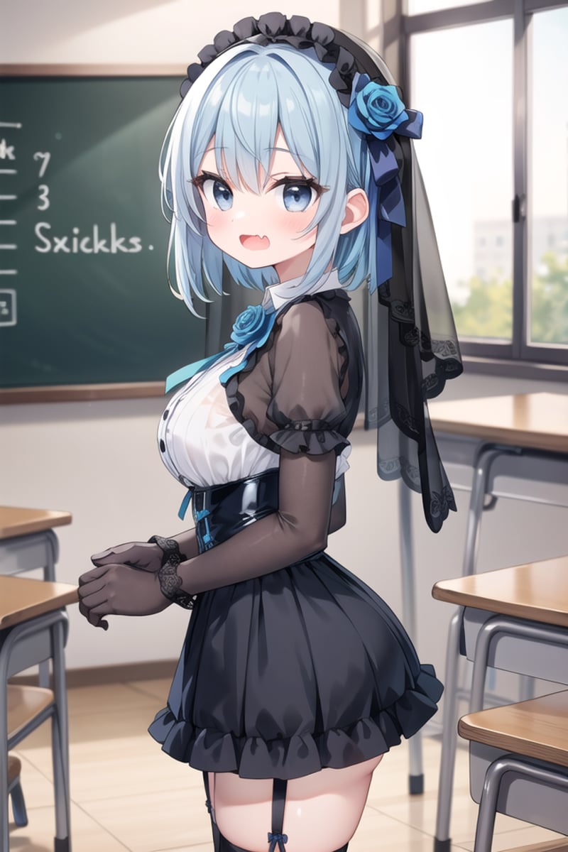 <lora:wavymouth_type7_v100:1>insanely detailed, absurdres, ultra-highres, ultra-detailed, best quality,1girl, solo, nice hands, perfect handsBREAK(fusion of black mourning-dress and black wedding dress:1.2), (gothic dress:1.3), (light-blue and black theme:1.3), ((black mourning-veil, black see-through wedding-veil):1.5), ((black latex corset, light-blue breast-cup):1.4), (short puff-sleeve:1.3), ((white collar, tie-bow):1.3), ((ruffle-skirt, multilayer-skirt):1.4), ((stockings, garter belt):1.3), (see-through long gloves:1.3), (blue rose decoration on head:1.3), (high heels:1.1), (cleavage:-1.5)BREAKsurprised, open mouth, fangBREAKfrom side,standing, cowboy shot, looking at viewerBREAKslender, kawaii, perfect symmetrical face, ultra cute girl, ultra cute face, ultra detailed eyes, ultra detailed hair, ultra cute, ultra beautifulBREAKin classroom, school desk, school chair, chalkboard, depth of field, ultra detailed backgroundBREAKmedium large breastsBREAKturquoise blue hair, black eyes, updo,