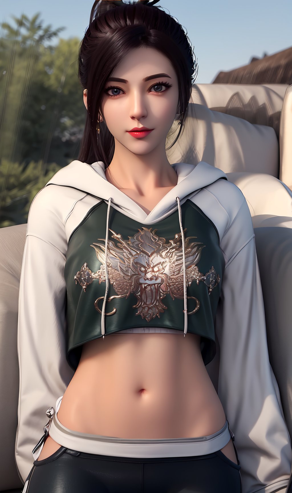 3D,masterpiece,(best quality),(makeup),official art, extremely detailed cg 8k wallpaper,((crystalstexture skin)), (extremely delicate and beautiful),(highly detailed),(1girl), (solo), (jewelry), (earrings),(black_hair),(long_hair),(hair_ornament),(handwear),(breasts),(ponytail),(hoodie),,((upper_body)),(sunshine, outdoor,sofa),((looking_at_viewer)),((Facing the camera)),, <lora:hipoly3DModelLora_v10:0.3>