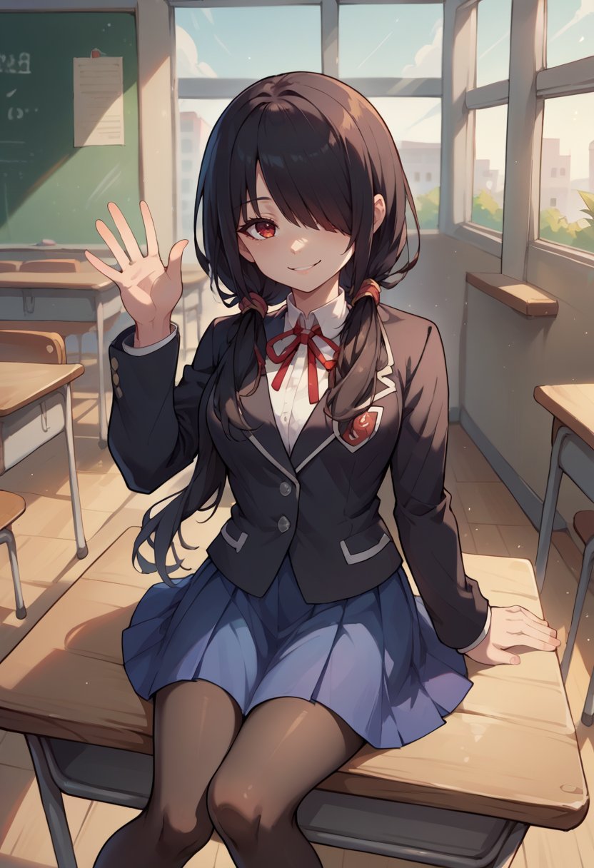 score_9, score_8_up, score_7_up, source_anime, KurumiSchool, black hair, low twintails, hair over one eye, red eye, school uniform, black jacket, blue skirt, neck ribbon, black pantyhose, sitting, indoors, classroom, smile, waving at viewer, <lora:ChamTokisakiKurumiPDXL:1>