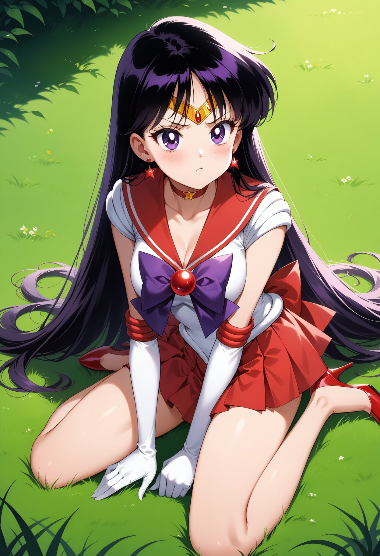 (masterpiece, best quality, very aesthetic, ultra detailed), intricate details, 4k, aamars, long hair, black hair, tiara, earrings, red choker, red sailor collar, purple bowtie, white shirt, elbow gloves, white gloves, pleated skirt, red skirt, bare legs, <lora:sailor_mars_animaginexl_v1:0.9>, high heels, red footwear, wariza, grass, pout,