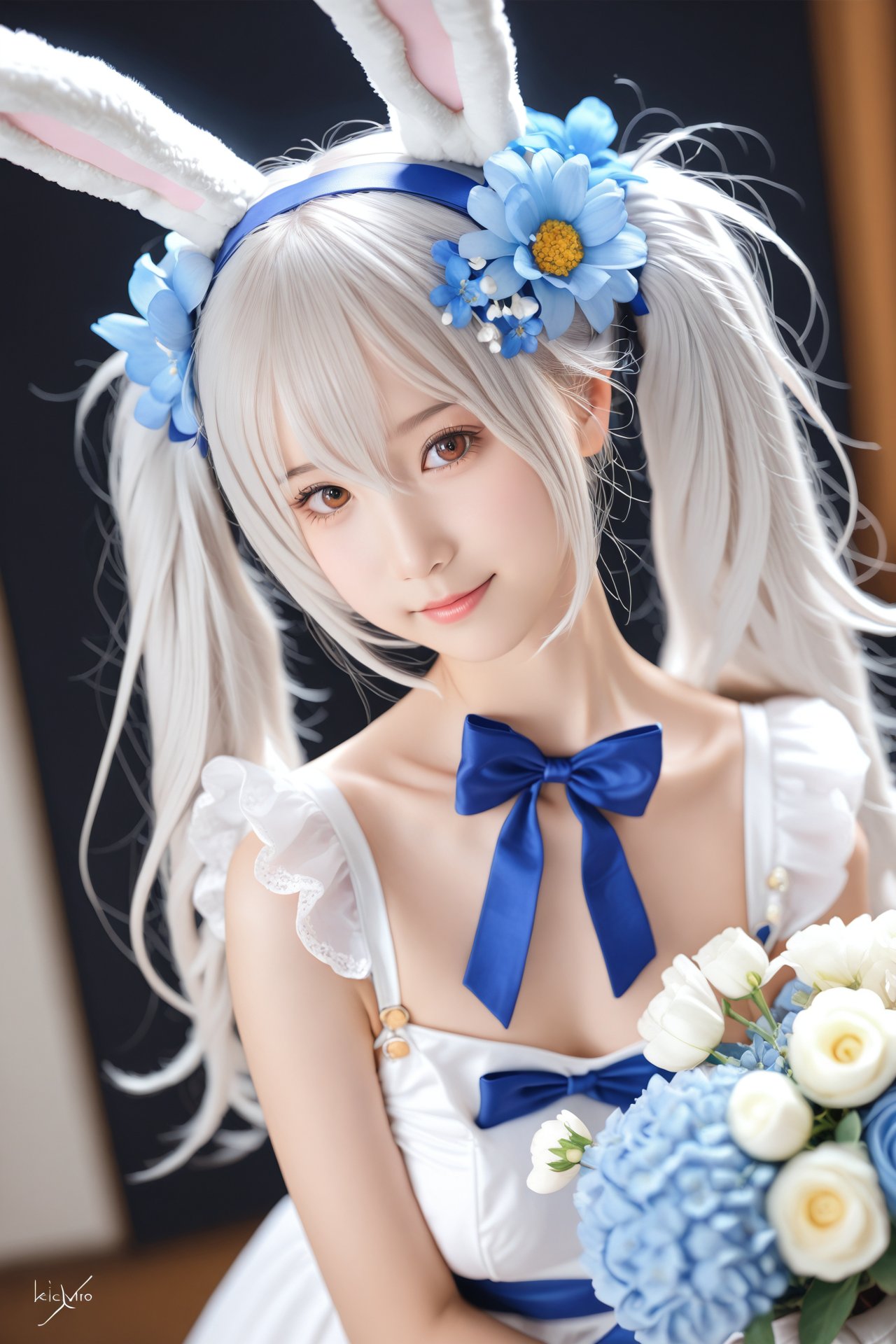 masterpiece,Realism,best quality,loli,1girl,animal ears,solo,flower,gloves,rabbit ears,white gloves,white hair,hair ornament,dress,looking at viewer,hair flower,white dress,twintails,blurry background,blurry,hair between eyes,bow,upper body,white flower,fake animal ears,brown eyes,official alternate costume,lips,blue flower,blue bow,bowtie,ribbon,dutch angle,long hair,breasts,blue bowtie,closed mouth,laffey (azur lane),realistic,smile,signature,blue ribbon,bouquet,head tilt,artist name,