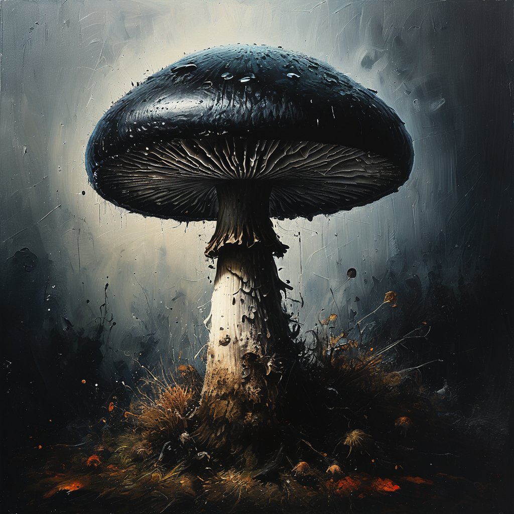 impactful paint of a mushroom  <lora:Disturbia:0.7>,    highly detailed,   8k,   sharp,  professional, clear,   high contrast, high saturated, , vivid deep blacks, crystal clear