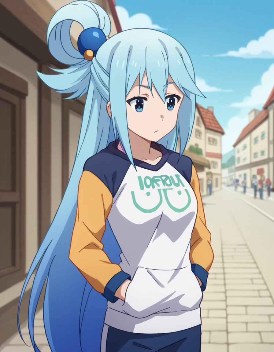 score_9, score_8_up, score_7_up, source_anime, konosubaaqua, <lora:konosuba-aqua-s2-ponyxl-lora-nochekaiser:1>, aqua (konosuba), long hair, blue eyes, hair ornament, very long hair, blue hair, hair rings, single hair ring, hair bobbles,, <lora:oppai-hoodie-ponyxl-lora-nochekaiser:1>, oppai hoodie, hoodie, raglan sleeves, clothes writting, hands in pocket,, outdoors, street,, cowboy shot, dutch angle, solo,