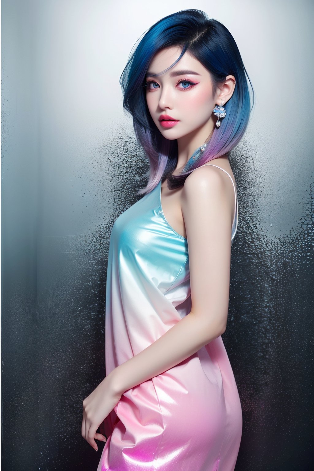 masterpiece,top quality,best quality,(eye-makeup with blue flower,eye-shadow,piercing,gem,reflection,blue gemstone,jewelry),(gradient Metallic tin foil background:1),((1girl,  gradient  gradient hair)),( gradient Metallic tin foil dress,  pink eyeshadows),