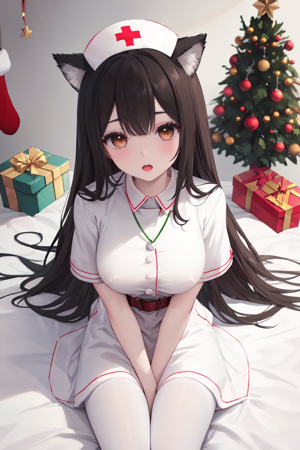 (girl): solo, (perfect face), (detailed outfit), nurse, (wolf ears), surprised, wide eyes, (looking at away), black hair, long hair, (straight hair), brown eyes, white skin, medium breasts, (red and white nurse uniform), (white stockings), (red and white nurse cap), (red cross pendant) (background): from above, indoor, (hospital room), (white bed), (green blanket), (Christmas tree:1.3), (poinsettia), morning, (cloudy) (effects): (masterpiece), (best quality), (sharp focus), (depth of field), (high res)