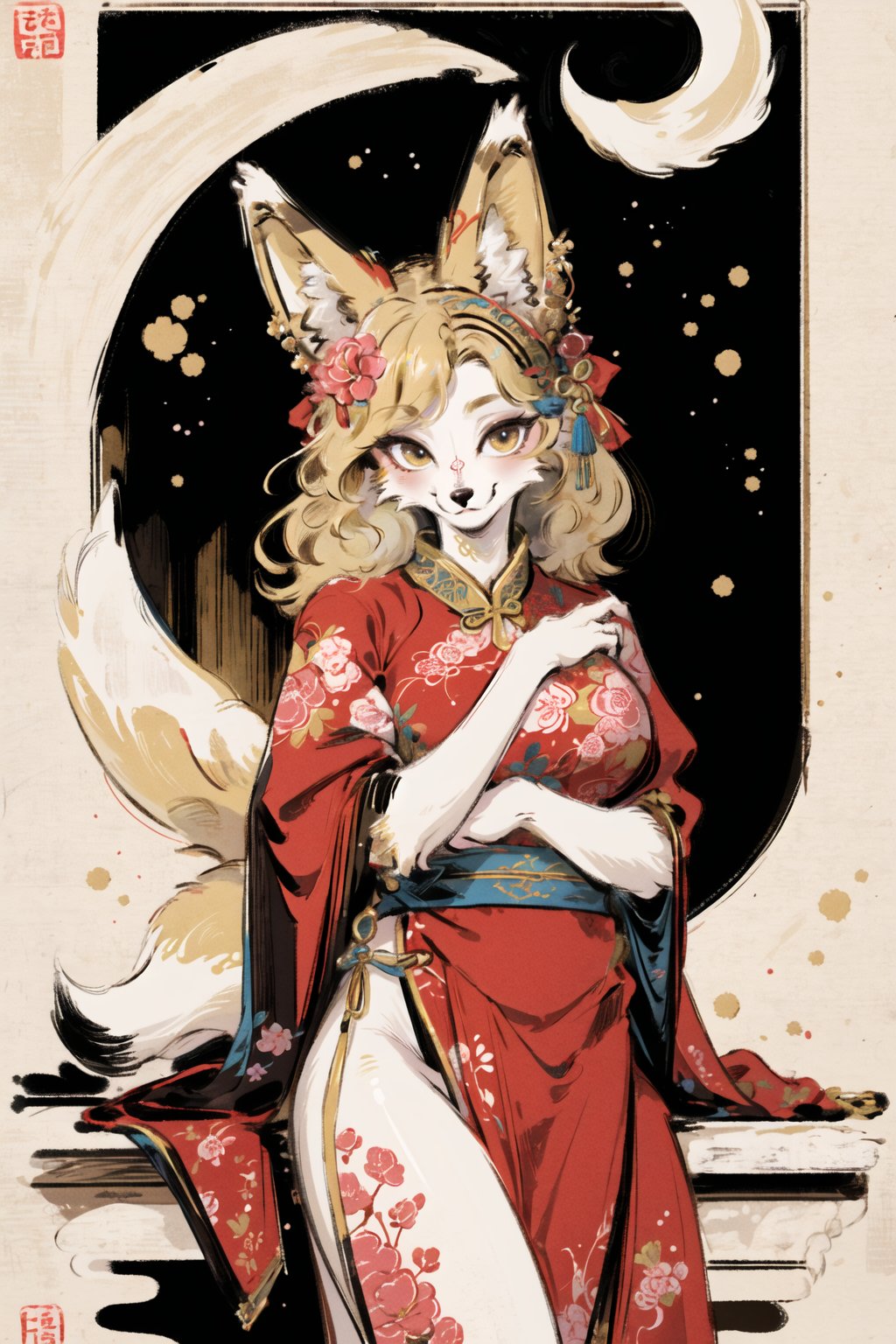 masterpiece,highres,furry fox girl,solo,blonde,chinese dress, hair ornament, anicent chinalooking at viewer, 