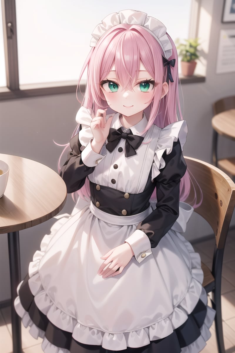 insanely detailed, absurdres, ultra-highres, ultra-detailed, best quality,1girl, solo, nice hands, perfect handsBREAK(cleavage:-1.5),(classical maid:1.2),apron, blush, bow, bowtie, frilled apron, frills, long sleeves, maid, maid apron, maid headdress, waist apron, white apron,(maid costume, maid hair dress:1.3), long skirtBREAKhappy smile, laugh, closed mouthBREAKfrom above,standing, cowboy shot, looking at viewerBREAKslender, kawaii, perfect symmetrical face, ultra cute girl, ultra cute face, ultra detailed eyes, ultra detailed hair, ultra cute, ultra beautifulBREAKin coffee shop, indoors, depth of field, ultra detailed backgroundBREAKmedium breastsBREAK(pink hair, dark green eyes), long hair, hair between eyes