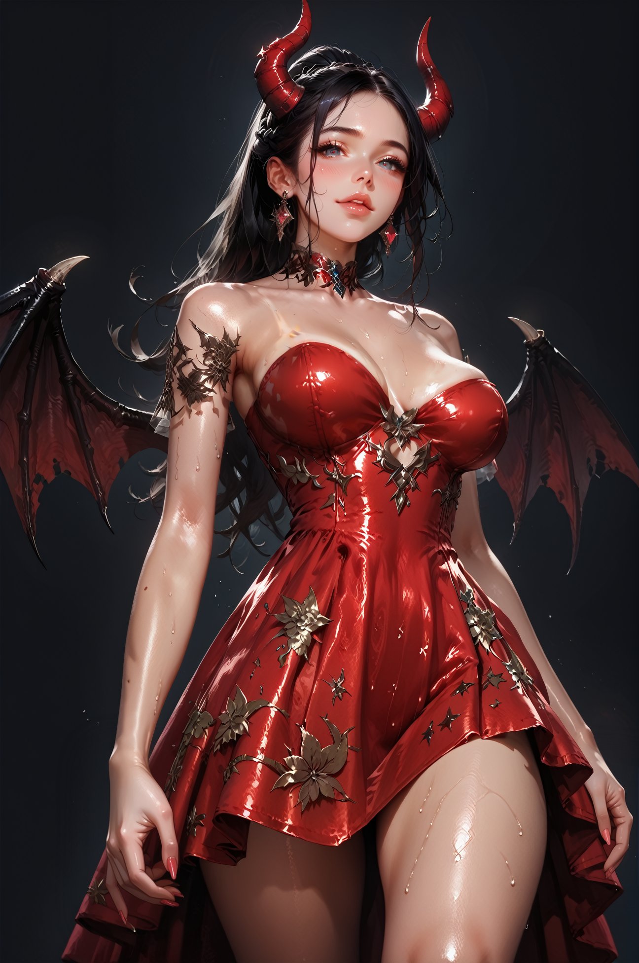 score_9, score_8_up, score_7_up, score_6_up, 1girl,upper body, devil wings, ((huge saggy breast)), holding breasts, ((very low angle shot, pov from below)), shiny skin, sweaty, blush, beautiful face, red dress, glittery dress, red fabric, black hair, devil horns, ponytail, crownbraid tie, closed mouth, tan lines, from below, air of superiority, (black background:1.2),, long hair, <lora:LOAlut3rr4b411XL:0.85>, LOAlut3rr4b411XL, minidress, strapless,  earrings, <lora:hand 4:0.3> , <lora:sinfully_stylish_SDKL:0.5> <lora:Fant5yP0ny:0.35> <lora:Concept Art DarkSide Style LoRA_Pony XL v6:0.65> concept art, realistic, dark theme, low light, 