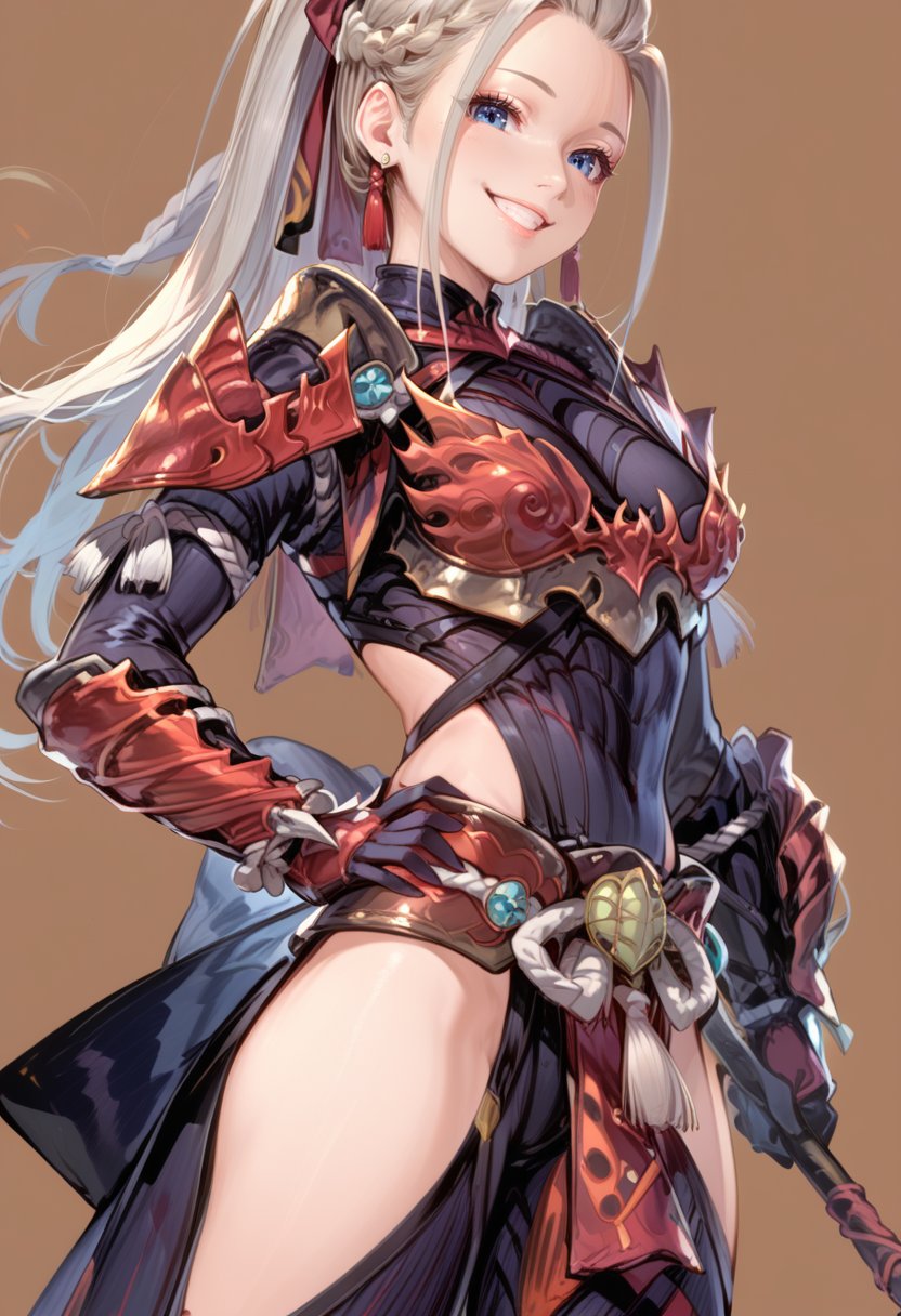 (score_9:0.9),score_8_up,score_7_up,anime style,rating_safe,(zPDXL),<lora:Odogaron Armor Alpha ponyXL v1.5:0.91>, odogaron alpha armor, red gauntlets, red thighboots, 1girl, solo, smile, blue eyes, long hair, braid, jewelry, looking at viewer, weapon, earrings, hand on hip, simple background, holding, holding spear, brown background, spear, grin, ponytail, standing