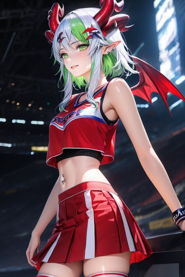 (Masterpiece), mature, HDR,UHD,8K, best quality, Highly detailed, physically-based rendering, extreme detail description, perfect skin, shiny skin, shiny hair,perfect face, 1girl, crop top, multicolored_hair, green hair, blue hair, white hair, streaked hair, gradient hair, navel piercing, pointy ears, horns, wings, hair ornaments, Froot, skirt, cheerleader, midriff, short hair, red top, red skirt, fr5, thighhighs<lora:EMS-408216-EMS:0.800000>, <lora:EMS-335737-EMS:0.100000>, <lora:EMS-388761-EMS:0.100000>