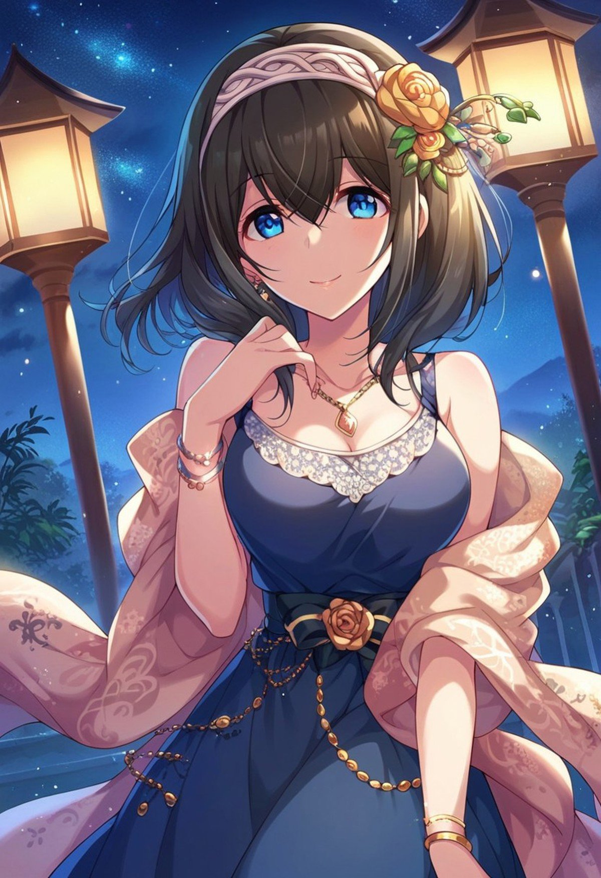 score_9, score_8_up, score_7_up, score_6_up, score_5_up, score_4_up,sagisawa fumika, black hair, blue eyes, 1girl, night, solo, jewelry, night sky, smile, dress, necklace, bracelet, sky, hair ornament, looking at viewer, shawl