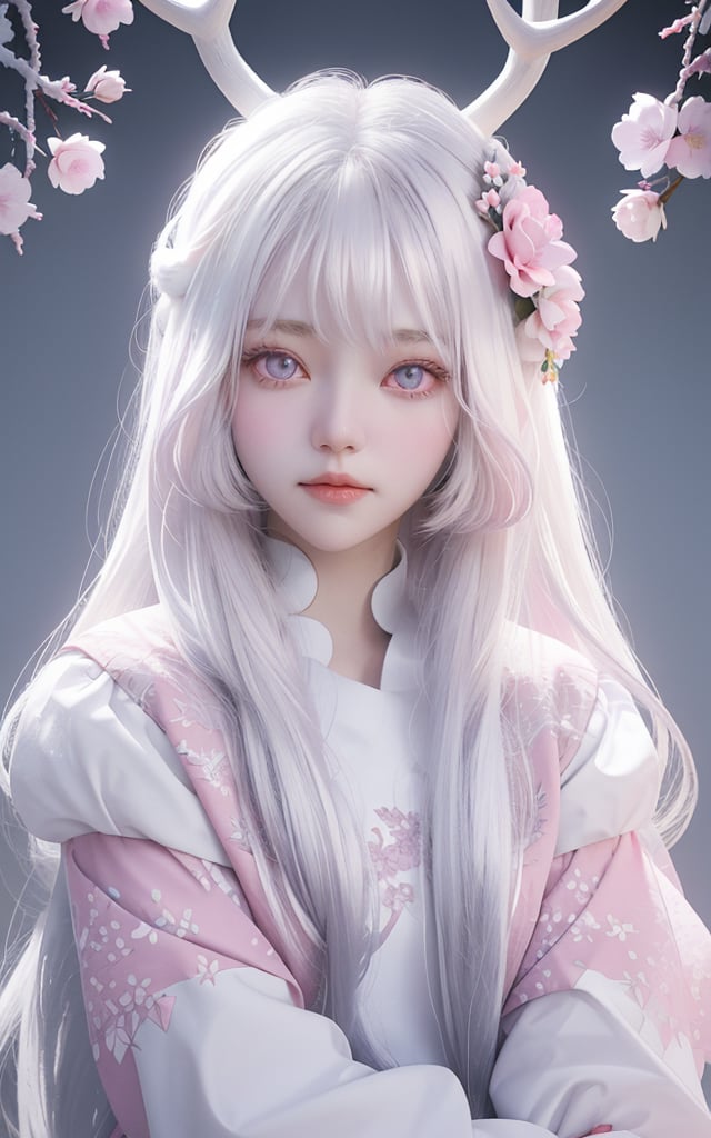 1girl,She has snow-white skin, long silver white hair, and deep purple eyes.Her head was adorned with pink flowers and a pair of blue deer antlers. Thebackground is a light pink tone