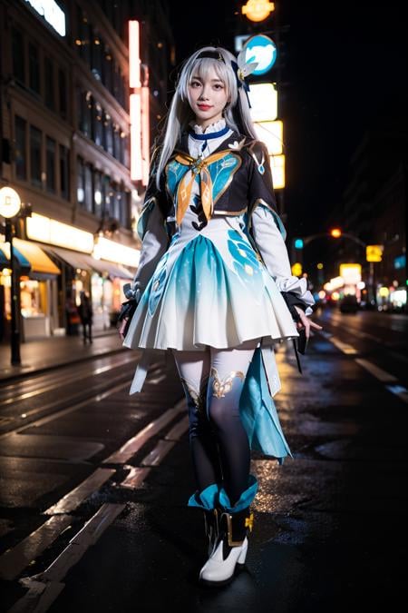 best quality,masterpiece,realistic,photorealistic,1girl,solo,smile,looking at viewer,standing,full body, arms at side,firefly cosplay costume,cosplay,long hair,white hair,dress,cropped jacket,capelet,shirt,skirt,long sleeves,frilled sleeves,bow,neckerchief,ribbon,fingerless gloves,hairband,hair bow,hair ornament,gradient legwear,gradient pantyhose,ankle boots,white boots,street,night,neon lights,people,billboard,detail background,<lora:Honkai_StarRail_Firefly_costplay_costume_v1:0.7>,<lora:Background_Detail_v3:1>,<lora:background & distence control:-1>,