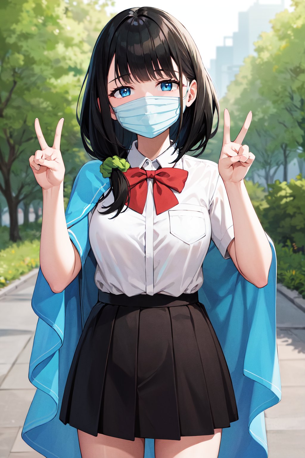 masterpiece, best quality, highres, 1girl, solo, long hair, black hair, hair scrunchie, low ponytail, blue eyes, mouth mask, school uniform, blue shawl, red bowtie, collared shirt, white shirt, short sleeves, pleated skirt, black skirt, <lora:hassu_v1:0.8>, standing cowboy shot, outdoors, peace sign