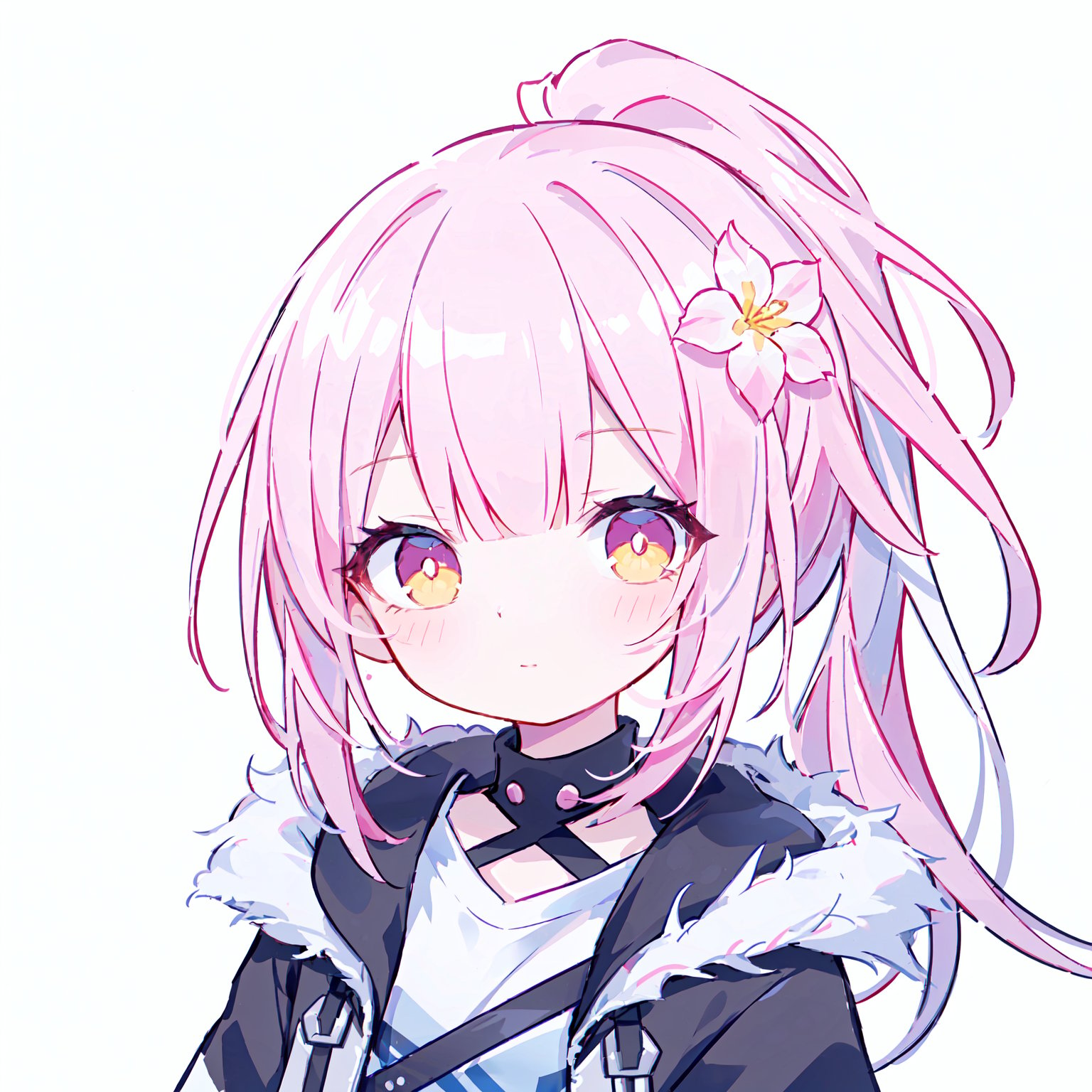 <lora:QuAn:0.5>,close-up,face focus,1petite loli,pink hair,long pink hair,(yellow eyes),portrait,fur-trimmed jacket,hair flower,fipped hair,high ponytail,loose over_sized Casual T-shirt,white shirt,hoodie coat,one-eye_closed,chibi,surrealistic,