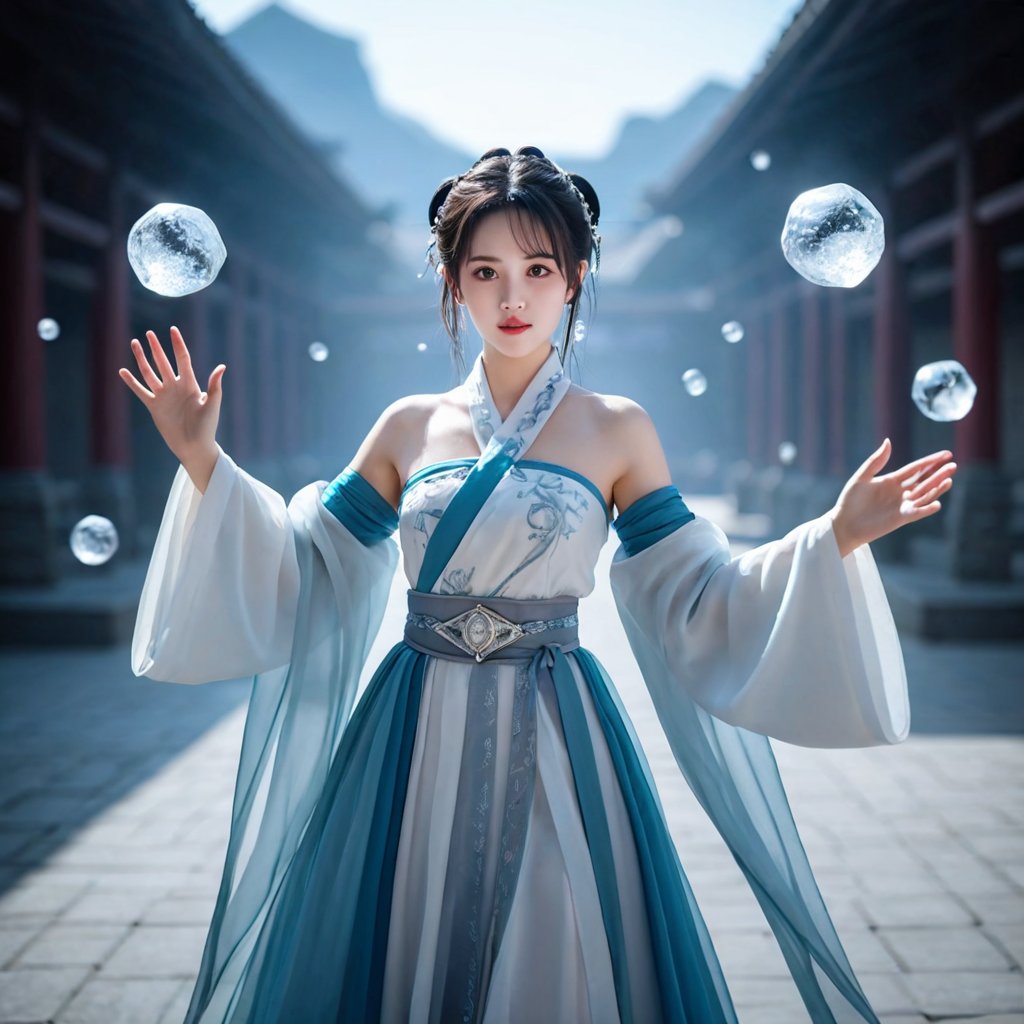 Ultra wide angle shooting,a girl dressed in an ancient mage costume,Hanfu,handsome,with gestures forming spells,martial arts and fairy tale atmosphere,carrying a sky filled with ice,(Floating dense ice cones:1.2),game characters,ICE Magic,without looking at the camera,writing calligraphy,floating transparent Hanzi,dynamic action style,rotation,magical realism,dynamic action style,the highest quality,masterpiece,CG,HDR,high-definition,extremely fine,detailed face Superheroes,heroes,detail ultra high definition,OC rendering,Taoist runes,good hands,anatomical hands,perfect hands,