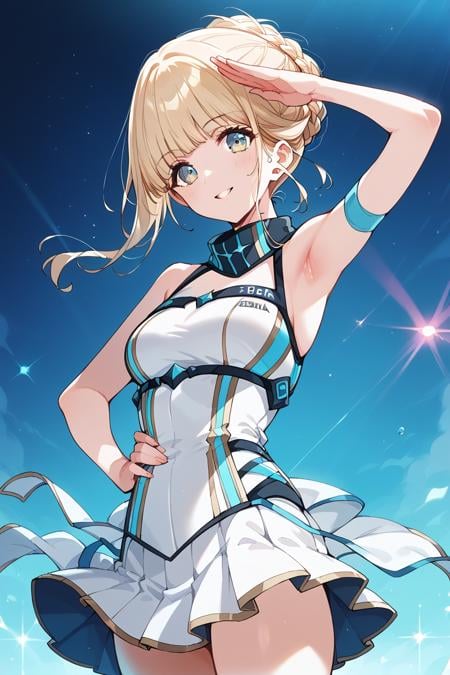 score_9, score_8_up, score_7_up, score_6_up, 1girl,<lora:Fukushima_Noa_r2:0.9> noa, blonde hair, updo, bangs, stage outfit, skirt, salute, armpit, hand on waist, color lights,