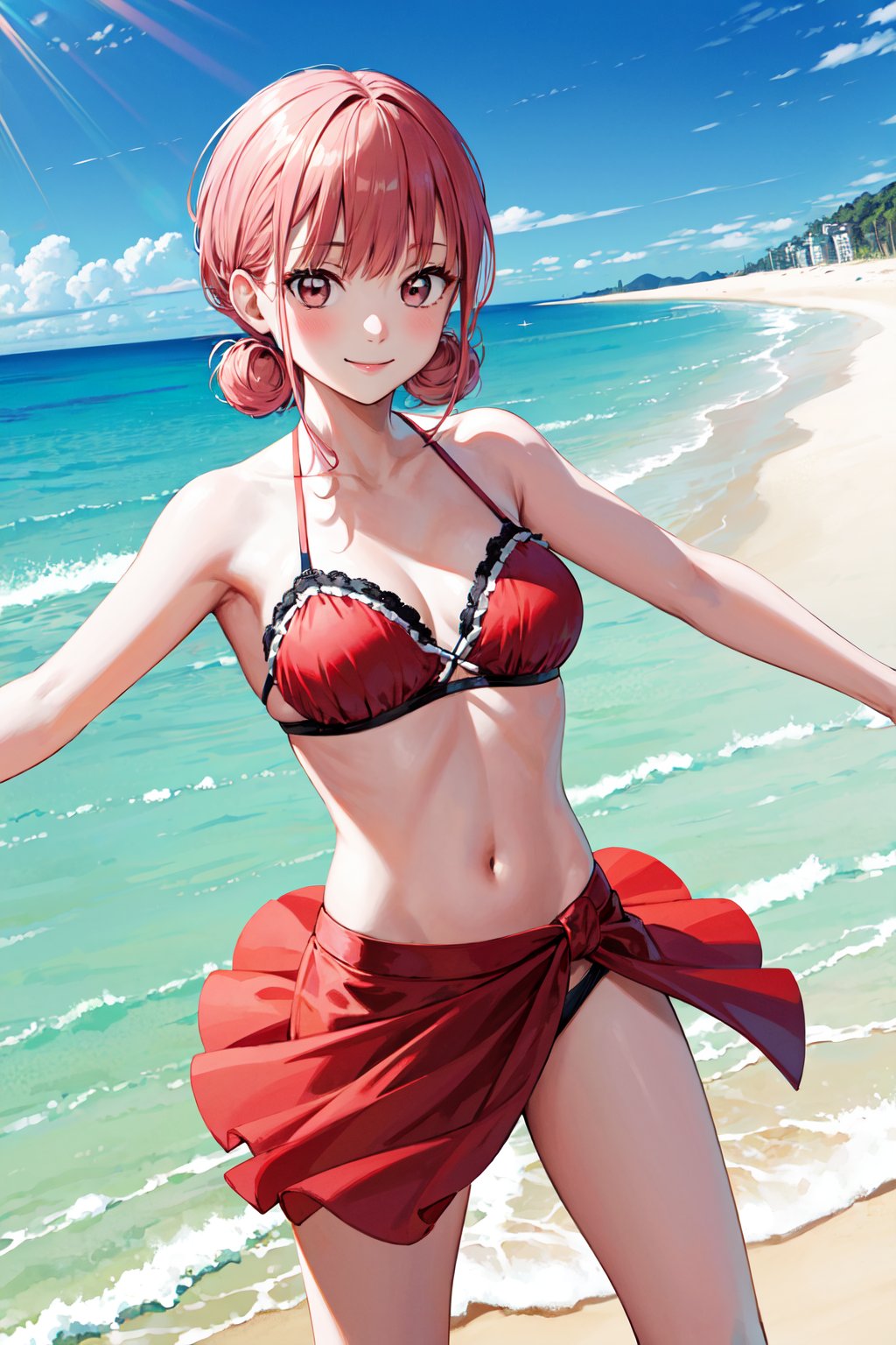 masterpiece, best quality, highres, 1girl, solo, short hair, double bun, pink hair, brown eyes, <lora:chono_hina_v1:0.7>, frilled bikini, sarong, beach, smile, outstretched arms