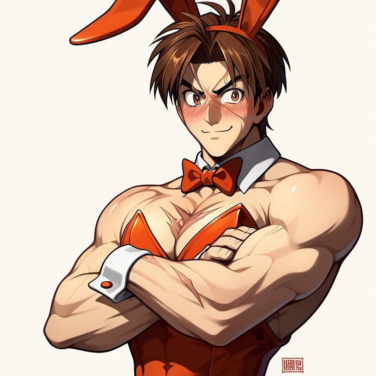 score_9, score_8_up, score_7_up BREAK yugobr, 1boy, brown hair, brown eyes, x face scar, x scar on face, shirtless, scratched chest, muscular, adorable bunny costume, bunny costume, kawaii bunny outfit, crossed arms, smiling at viewer, embarrassed, cowboy shot,