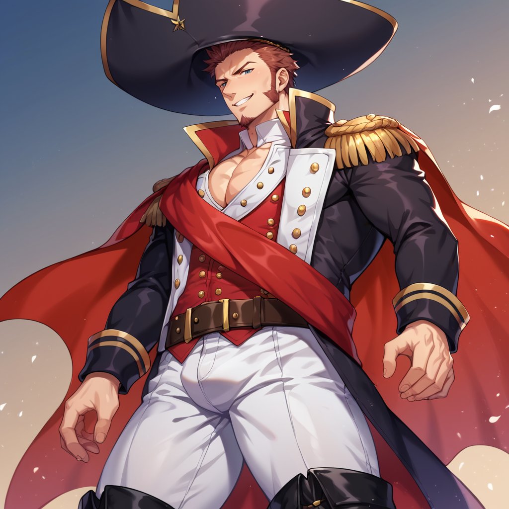 score_9, score_8_up, score_7_up, score_6_up, perfect anatomy, perfect proportions, best quality, masterpiece, high_resolution, high quality, aesthetic, absurdres, (male focus), solo male, napoleon bonaparte \(fate\), fate \(series\), fate/grand order, blue eyes, brown hair, short hair, long sideburns, facial hair, goatee, military uniform, napoleon bonaparte uniform\(fate\), red vest, black jacket, long sleeves, epaulettes, white cravat, red sash, black bicorne hat, red cape, white pants, belt, black boots, adult, mature, masculine, manly, handsome, charming, alluring, standing, upper body, dutch angle, cowboy shot<lora:EMS-418846-EMS:0.800000>