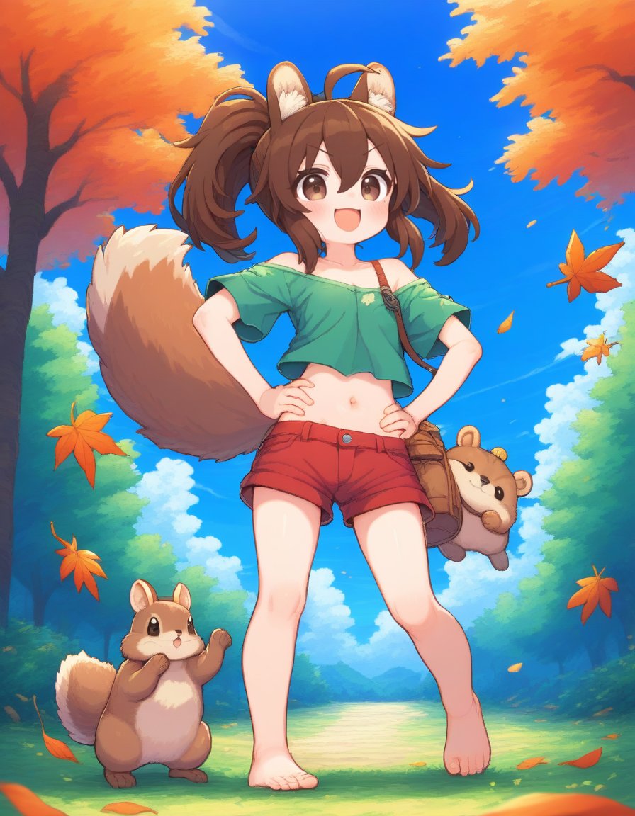 1girl, :d, ahoge, animal ears, animal on hand, autumn leaves, bare legs, bare shoulders, barefoot, blue sky, blush, bra strap, brown eyes, brown hair, clothes writing, crop top, crop top overhang, cropped shirt, full body, green shirt, hair between eyes, hand on own hip, large tail, long hair, midriff, navel, off-shoulder shirt, off shoulder, open mouth, outdoors, pixel art, ponytail, red shorts, shirt, short shorts, short sleeves, shorts, sky, smile, solo, squirrel, squirrel ears, squirrel tail, standing, stomach, t-shirt, tail, tree, v-shaped eyebrows 