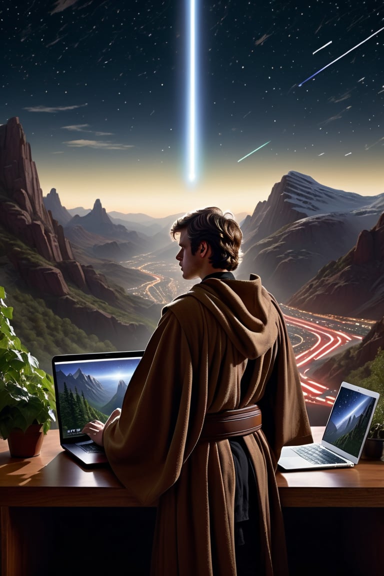 masterpiece of photorealism, photorealistic highly detailed professional 8k raw photography, best hyperrealistic quality, volumetric real-time lighting and shadows, Silhouette Shot, Male Artist, Musician's Body Shape, Star Wars Jedi Robes, Ivy League, Using a Laptop, Starry Skies over Mountainous Landscapes, background full of busy people