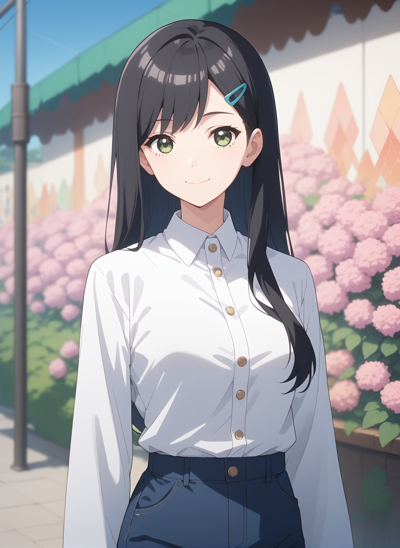 score_9, score_8_up, score_7_up, intricate details, source_anime, intricate details, highly detailed background, perfect lightingbest quality, takebayashiGTnH, solo, outdoors, black hair, swept bangs, hairclip, straight hair, long hair, green eyes, medium breasts, white shirt, collared shirt, buttons, long sleeves, blue pants, smile, closed mouth, :), <lora:Takebayashi_Go-Tobun-no-Hanayome:0.7>, score_9, score_8_up, score_7_up, intricate details, source_anime, intricate details, highly detailed background, perfect lightingbest quality,