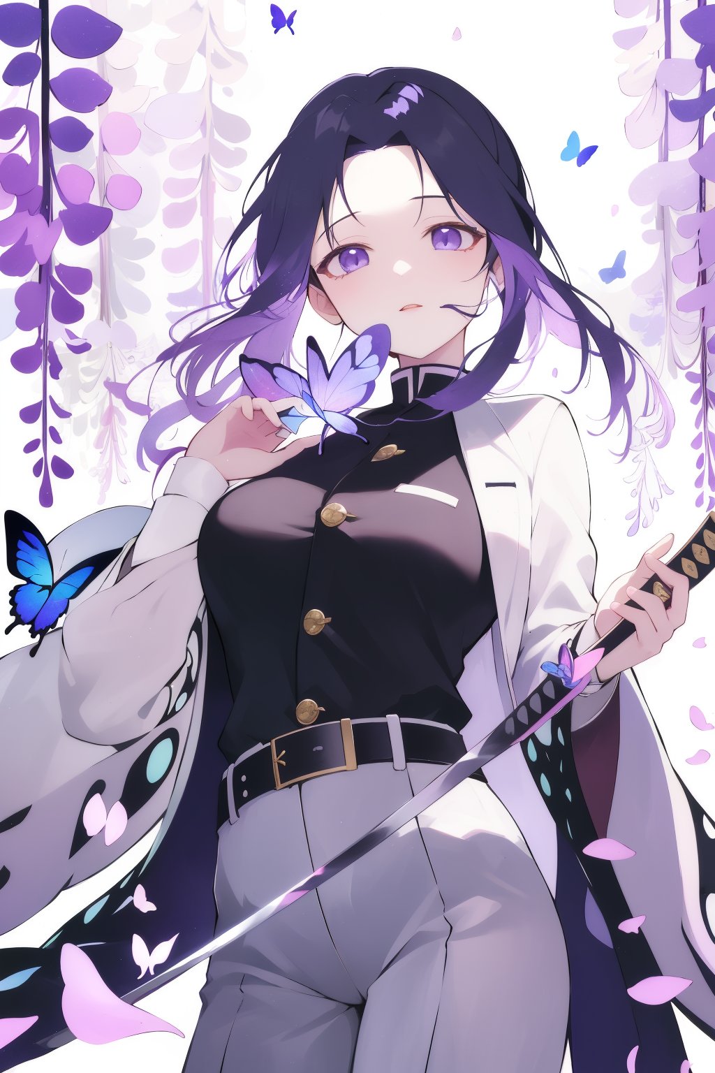 masterpiece,1girl,kochou shinobu,solo,breasts,looking at viewer,long sleeves,holding,flower,sword,holding weapon,black pants,katana,animal print,white belt,butterfly print,wisteria,artbook,<lora:lbc_hudieren240323_v1.0>,