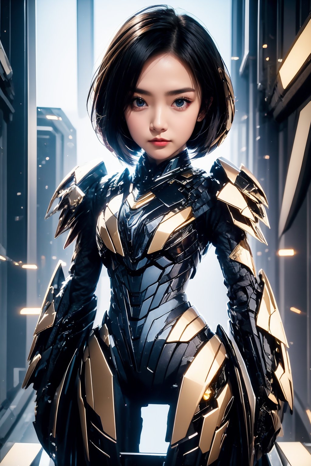 1girl, looking at viewer, black hair, science fiction, armor, lips, standing, cowboy shot, power armor, closed mouth, grey eyes, blue eyes, brown hair, arms at sides, bob cut, chibi, full body,